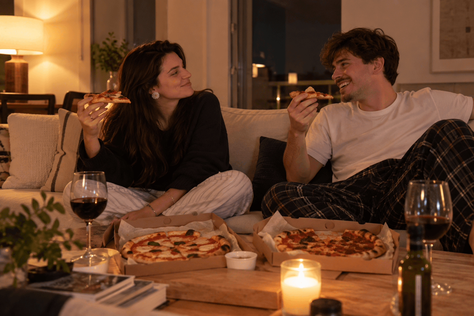 Noite de pizza dos recém-casados